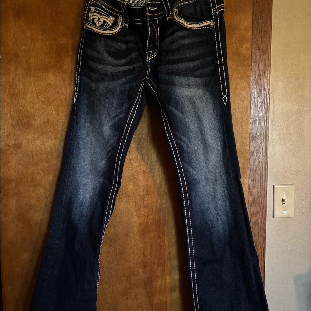 Rock Revival Dark Blue Flare Jeans with White Contrast Stitching
